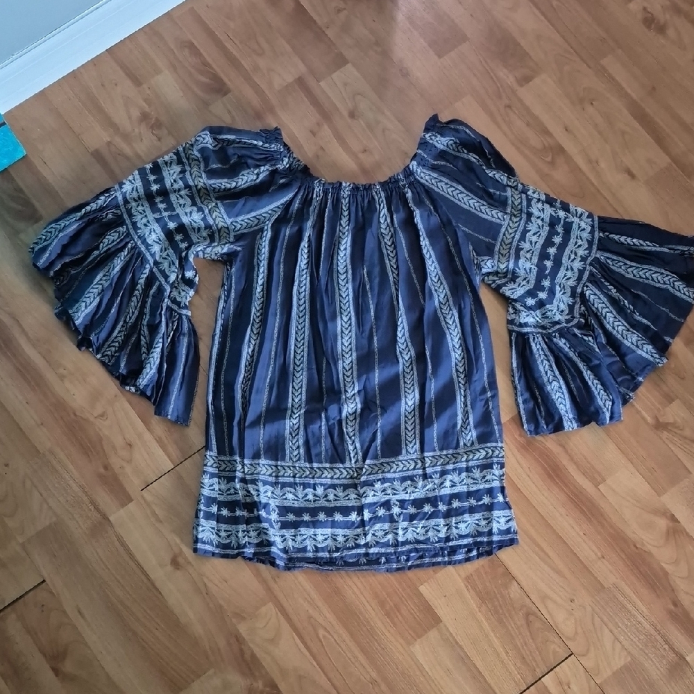 Elan Blue and Cream Boho Blouse